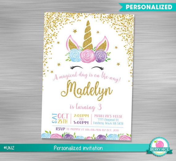 Unicorn Invitation, Unicorn Printable Invitation, Unicorn with Glitter and Flowers Invitation, Unicorn Birthday, Unicorn Party Il_570xn