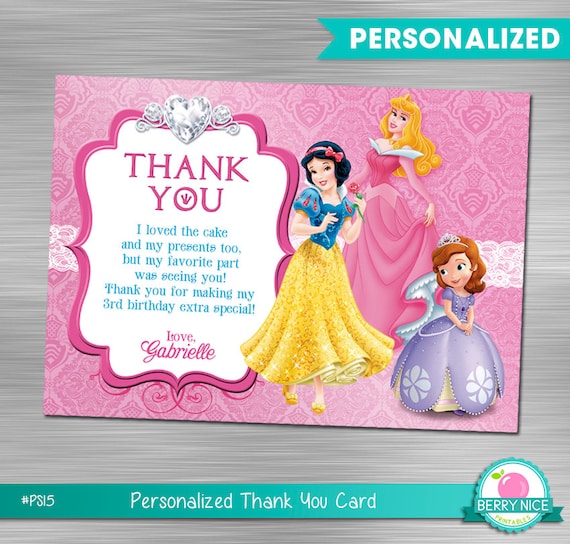 Disney Princess Thank You Card Princess Birthday Princess Etsy
