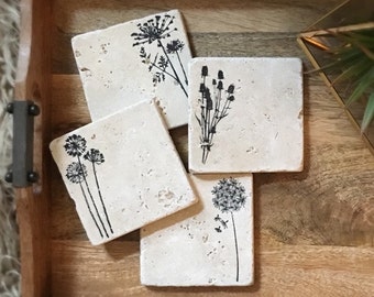 Wildflower Stone Coasters | Set of 4 | Farmhouse Decor | Spring Decor