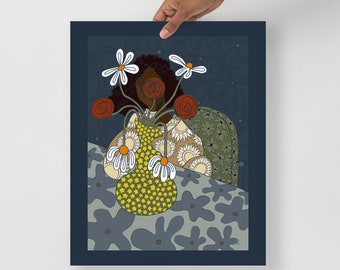 Natuurlijk haar zwart meisje illustratie matte poster, Afro-Amerikaanse vrouwelijke kunstenaar, Floral Home Decor, bloemstuk Art Print