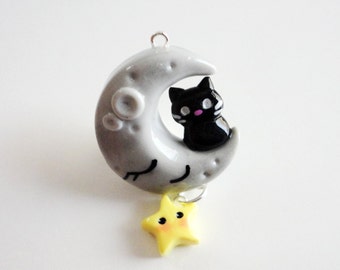 Black Kitty on Crescent Moon Polymer Charm Keychain