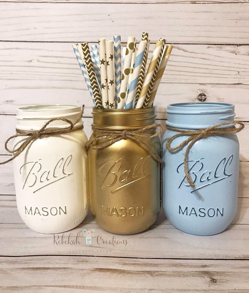 Baby Shower Mason Jars Baby Blue And Gold Mason Jars Baby Etsy