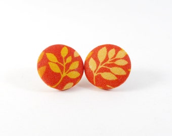 Orange Leaves, Earrings, Studs, Fabric Covered Earrings, Button Earrings, Post Earrings, Handmade, Fabric Earrings