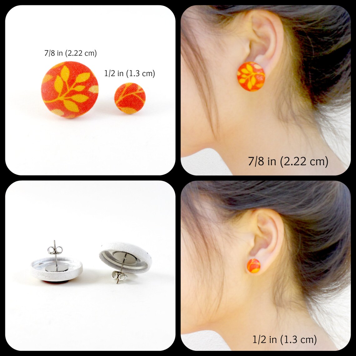 Polka Dot Earrings, Studs, Fabric Covered Earrings, Button Earrings