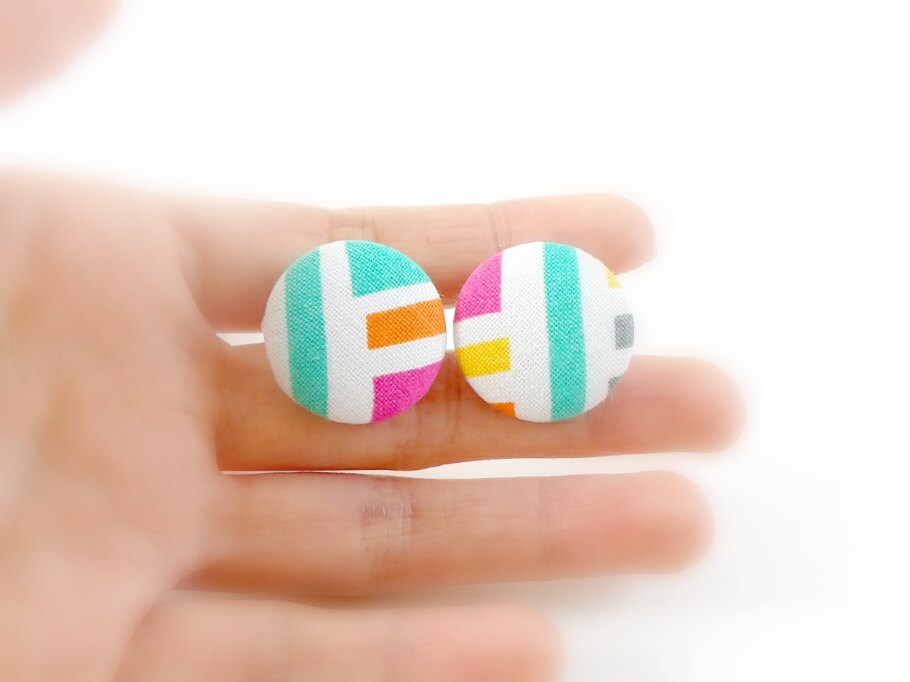 Funky Studs Fabric Earrings Fabric Covered Earrings Button Etsy UK