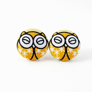 Owl Earrings, Studs, Fabric Earrings, Fabric Covered Earrings, Button Earrings, Fabric Button Earrings, Handmade