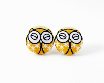 Handmade Owl Stud Earrings: Fabric Button Earrings