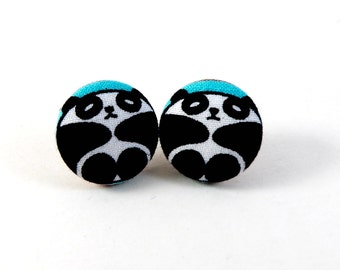 Panda, Classy, Button Earrings, Studs, Fabric Button Earrings, Handmade, Post Earrings, Fabric earrings