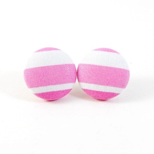 Stripes, Pink, Classy, Button Earrings, Studs, Fabric Button Earrings, Post Earrings