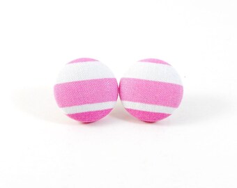 Stripes, Pink, Classy, Button Earrings, Studs, Fabric Button Earrings, Post Earrings
