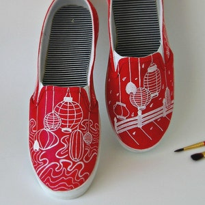 Hand Painted Shoes, Burgundy and White Scenery, Landscape Shoes, Unisex Shoes, Sneakers *Please read descriptions*