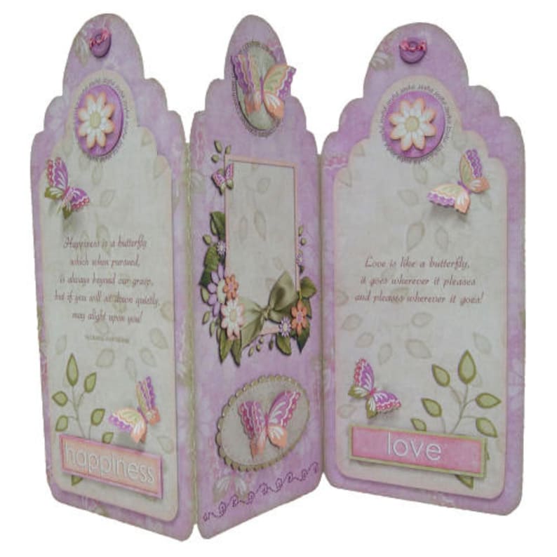 Any Occasion Butterfly Tag Shaped Tri-Fold Card Hand Crafted 3D Decoupage Happiness Love Butterflies Flowers Ideal Mother/'s Day Card Mum