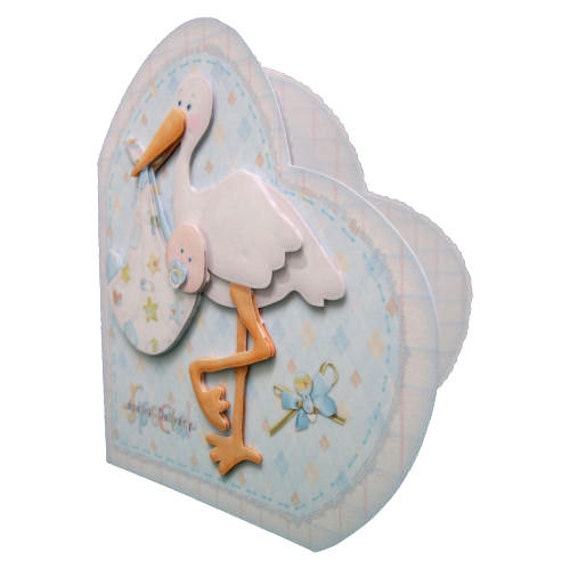 New Baby Boy 3D Decoupage Card with Matching Envelope Heart Shaped 3D Card Stork Bringing Baby Special Delivery Birth Baby Shower Card