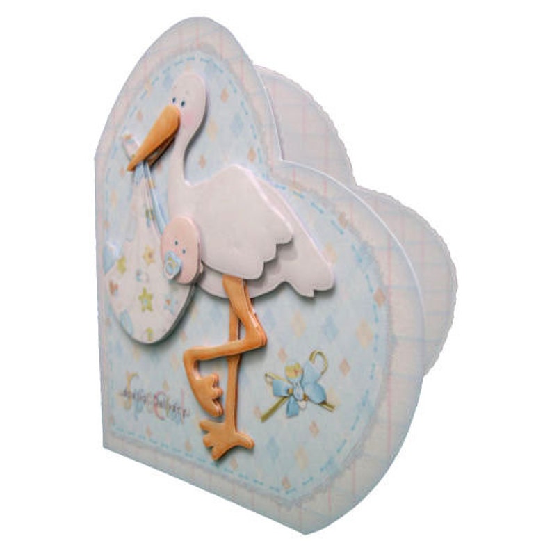New Baby Boy 3D Decoupage Card with Matching Envelope Heart Shaped 3D Card Stork Bringing Baby Special Delivery Birth Baby Shower Card