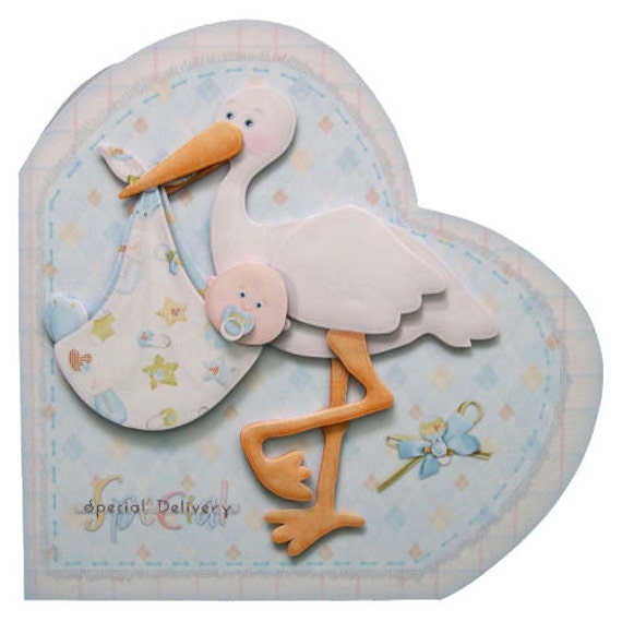 New Baby Boy 3D Decoupage Card with Matching Envelope Heart Shaped 3D Card Stork Bringing Baby Special Delivery Birth Baby Shower Card