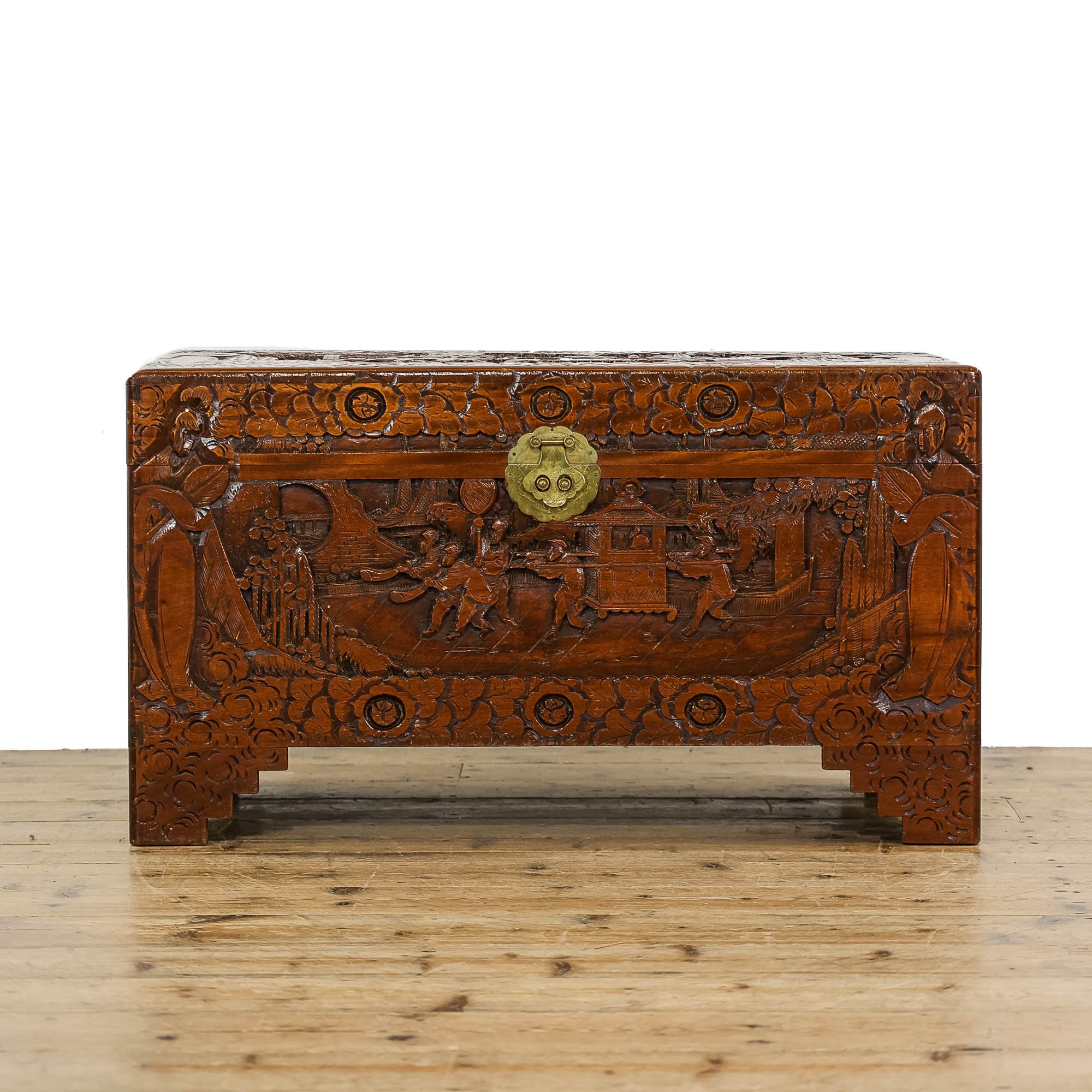 Antique Early 20th Century Oriental Carved Camphor Wood Trunk