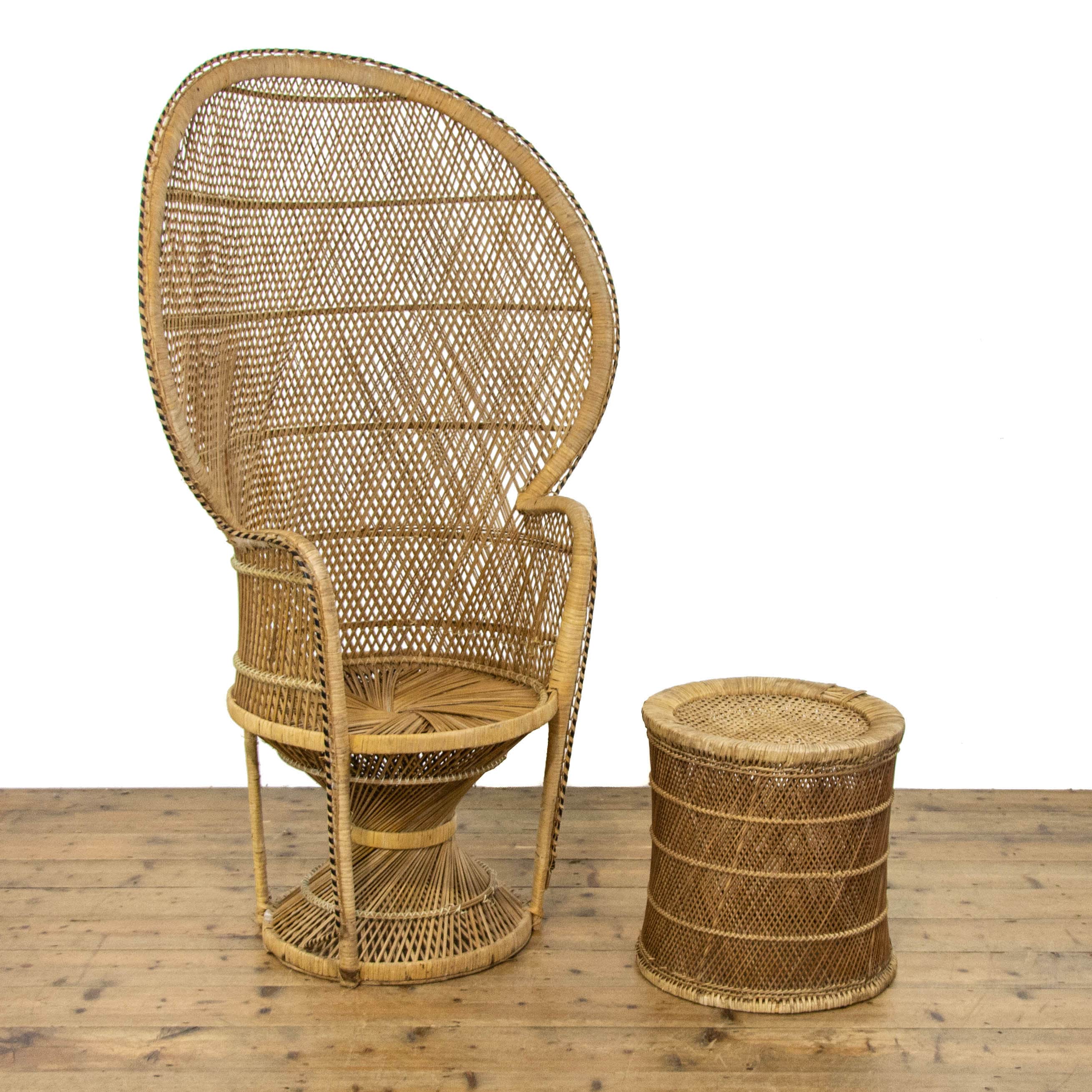 Vintage Wicker Peacock Chair With Matching Wicker Stool Vintage