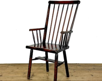Primitive Style Stick Chair | Captain's Armchair | Antique Armchair | Antique Seating | Home Office (M-6863)