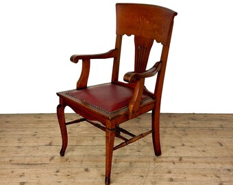 Antique Oak Chair with Studded Red Leather Seat | Antique Chair | Armchairs | Victorian Seating | Victorian Antique (M-6858)