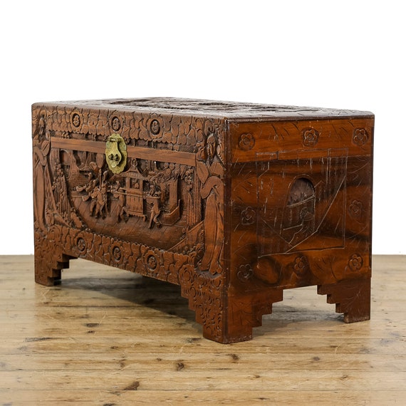 Antique Early 20th Century Oriental Carved Camphor Wood Trunk