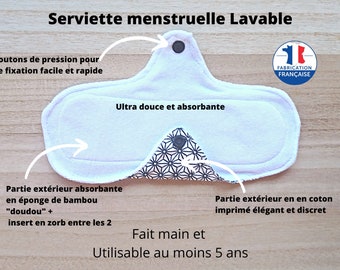 Serviette hygiénique lavable, ultra douce et absorbante (plusieurs coloris)