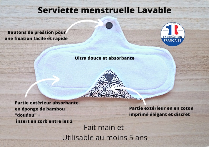 Serviette hygiénique lavable, ultra douce et absorbante plusieurs coloris image 1