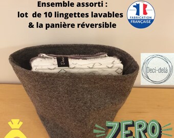 Ensemble assorti : 10 lingettes lavables et la panière réversible