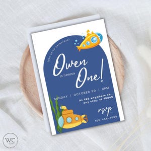 Submarine Invitation First Birthday Yellow Submarine Baby Birthday Invite Boy Submarine Party Invitation Kids Submarine Birthday Invitation