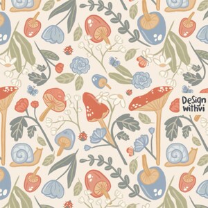 May include: A whimsical pattern featuring mushrooms, flowers, snails, and butterflies in shades of red, blue, and green on a cream background. The design includes the text "Design with vi".