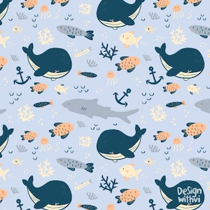 Könnte beinhalten: Ein nahtloses Muster mit einem hellblauen Hintergrund und verschiedenen Meeresbewohnern, darunter Wale, Fische, Quallen, Korallen und Anker. Die Wale sind blau und haben lächelnde Gesichter. Die Fische sind orange, gelb und grau. Die Quallen sind rosa und haben weiße Tentakel. Die Korallen sind weiß und haben eine verzweigte Form. Die Anker sind schwarz und haben ein weißes Seil.