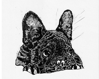 Frenchie, french bulldog//Original A4 Linocut print, pet portrait handprinted in quality materials, gallery wall, art, gift, eco, dog, puppy