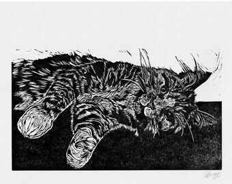 Tabby cat // Original Linocut print, pet portrait handprinted in quality materials