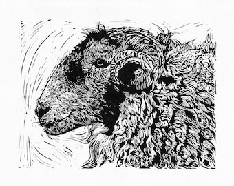 Long Horned Sheep Linocut Print: Original A4 Wildlife Art