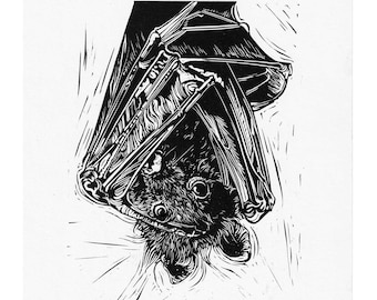 Bat Linocut Print: Original Hand-Printed Animal Portrait