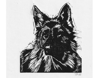 Deutscher Schäferhund // Original Linoldruck, Hund, Tierportrait handbedruckt in hochwertigen Materialien, Geschenk, Kunst, Öko, Galeriewand, Dekoration, Welpe