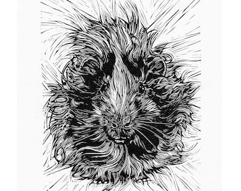Scruffy Guinea Pig Linocut Print: Original Pet Portrait Art