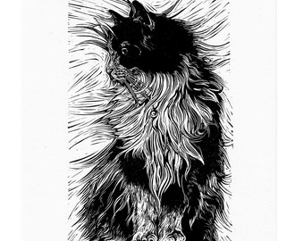 Cat // Original A4 Linocut print, cat, pet portrait handprinted in quality materials, gift, eco friendly, fluffy, gallery wall, art, kitten,
