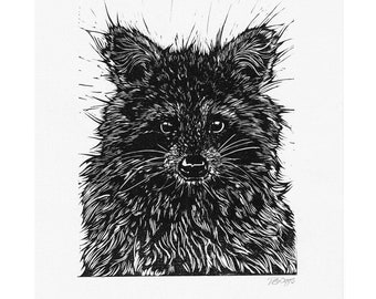 Racoon// Original A4 Linocut print, animal, pet portrait handprinted in quality materials, gift, art, gallery wall, decor, eco friendly