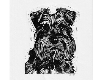 Schnauzer Linocut Print: Hand-Printed Dog Portrait Art