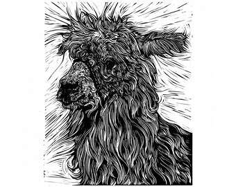 Llama Linocut Print: Hand-Printed Animal Portrait, A4 Art