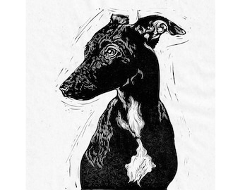Whippet Linocut Print: Hand-Printed Dog Portrait Art