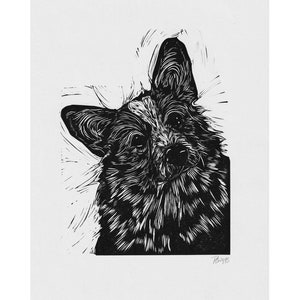 Corgi // Original A4 Linocut print, dog, pet portrait handprinted in quality materials, gift, art, gallery wall, decor, eco, puppy, cute