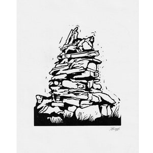 Cairn, Mountain rock formation // Original A4 Linocut print, abstract, landscape handprinted in quality materials, eco friendly, countryside
