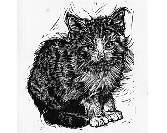 Scruffy Kitten Linocut Print: Hand-Carved Cat Illustration