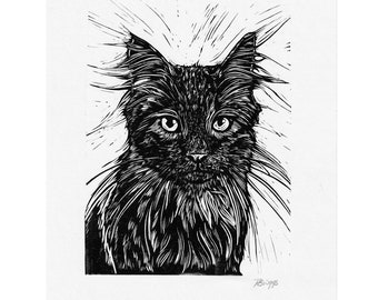Cat // Original A4 Linocut print, cat lover, pet portrait handprinted in quality materials, gift, decor, gallery wall, eco friendly, kitten