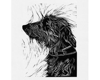 Bedlington whippet // Original Linocut print, pet portrait handprinted in quality materials