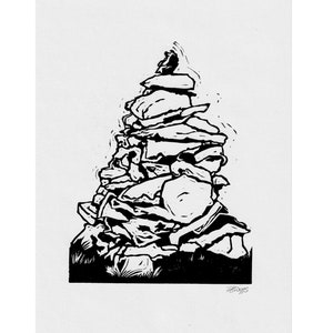 Cairn, mountain rock formation // Original A4 Linocut print, abstract landscape handprinted in quality materials, gift, eco friendly, art