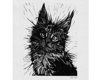 Kitten // Original Linocut print, pet portrait handprinted in quality materials, cat, crazy cat lady, animal, gift, art, gallery wall, home