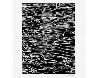 Abstract Water Linocut Print: Hand-printed Landscape Art