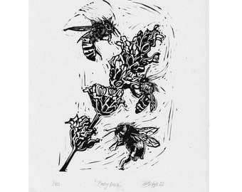 Save the Bees Lino Print: Hand-Carved A5 Limited Edition